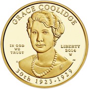 USA $10 Grace Coolidge 2014 W Proof KM# 594 GRACE COOLIDGE IN GOD WE TRUST LIBERTY 2014 W 30TH 1923-1929 coin obverse