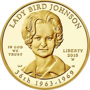 USA $10 Lady Bird Johnson 2015 W Proof KM# 615 LADY BIRD JOHNSON IN GOD WE TRUST LIBERTY 2015 W 36TH 1963-1969 coin obverse