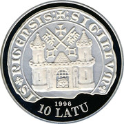 Latvia 10 Latu 15th Century Riga 1996 Proof KM# 36 1996 10 LATU coin obverse Latvia 10 Latu 15th Century Riga 1996 Proof KM# 36 1996 10 LATU coin obverse