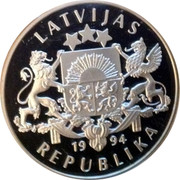 Latvia 10 Latu Canoeist 1994 Proof KM# 24 LATVIJAS 1994 REPUBLIKA coin obverse Latvia 10 Latu Canoeist 1994 Proof KM# 24 LATVIJAS 1994 REPUBLIKA coin obverse