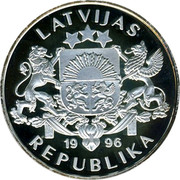 Latvia 10 Latu Corncrake 1996 Proof KM# 33 LATVIJAS 19 96 REPUBLIKA coin obverse Latvia 10 Latu Corncrake 1996 Proof KM# 33 LATVIJAS 19 96 REPUBLIKA coin obverse