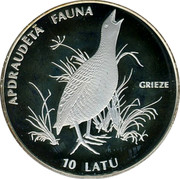 Latvia 10 Latu Corncrake 1996 Proof KM# 33 APDRAUDETA FAUNA GRIEZE 10 LATU coin reverse Latvia 10 Latu Corncrake 1996 Proof KM# 33 APDRAUDETA FAUNA GRIEZE 10 LATU coin reverse