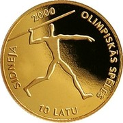Latvia 10 Latu Javelin Thrower 1999 Proof KM# 43 SIDNEJA 2000 OLIMPISKAS SPELES 10 LATU coin reverse Latvia 10 Latu Javelin Thrower 1999 Proof KM# 43 SIDNEJA 2000 OLIMPISKAS SPELES 10 LATU coin reverse