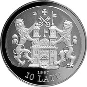 Latvia 10 Latu Riga 800 1997 Proof KM# 35 1997 10 LATU coin obverse Latvia 10 Latu Riga 800 1997 Proof KM# 35 1997 10 LATU coin obverse