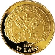 Latvia 10 Latu Riga 800th Anniversary 1998 Proof KM# 29 1998 10 LATU coin obverse Latvia 10 Latu Riga 800th Anniversary 1998 Proof KM# 29 1998 10 LATU coin obverse