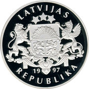 Latvia 10 Latu Riga Ship 1997 Proof KM# 28 LATVIJAS 1997 REPUBLIKA coin obverse Latvia 10 Latu Riga Ship 1997 Proof KM# 28 LATVIJAS 1997 REPUBLIKA coin obverse