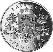 Latvia 10 Latu Sailing Ship Julia Maria 1995 Proof KM# 25 LATVIJAS 19 95 REPUBLIKA coin obverse Latvia 10 Latu Sailing Ship Julia Maria 1995 Proof KM# 25 LATVIJAS 19 95 REPUBLIKA coin obverse