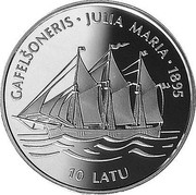 Latvia 10 Latu Sailing Ship Julia Maria 1995 Proof KM# 25 GAFELŠONERIS JULIA MARIA 1895 10 LATU coin reverse Latvia 10 Latu Sailing Ship Julia Maria 1995 Proof KM# 25 GAFELŠONERIS JULIA MARIA 1895 10 LATU coin reverse