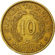 Finland 10 Markkaa 1934 S KM# A32 Decimal Coinage SUOMEN TASAVALTA 10 MARKKAA coin reverse Finland 10 Markkaa 1934 S KM# A32 Decimal Coinage SUOMEN TASAVALTA 10 MARKKAA coin reverse