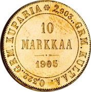 Finland 10 Markkaa Wide eagle 1905 L KM# 8.2 2,903.. GRM. KULTAA. 0,322.. GRM. KUPARIA 10 MARKKAA DATE coin reverse Finland 10 Markkaa Wide eagle 1905 L KM# 8.2 2,903.. GRM. KULTAA. 0,322.. GRM. KUPARIA 10 MARKKAA DATE coin reverse