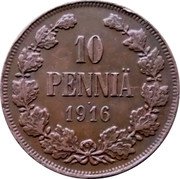 Finland 10 Pennia Nikolai II 1916 KM# 14 10 PENNIÄ DATE coin reverse Finland 10 Pennia Nikolai II 1916 KM# 14 10 PENNIÄ DATE coin reverse