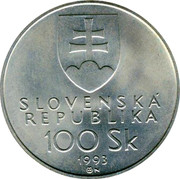 Slovakia 100 Korun Independence 1993 MK KM# 16 SLOVENSKÁ REPUBLIKA 100 SK 1993 coin obverse Slovakia 100 Korun Independence 1993 MK KM# 16 SLOVENSKÁ REPUBLIKA 100 SK 1993 coin obverse