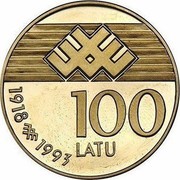 Latvia 100 Latu 75th Anniversary Declaration of Independence (1993) Proof KM# 20 100 LATU 1918-1993 coin reverse Latvia 100 Latu 75th Anniversary Declaration of Independence (1993) Proof KM# 20 100 LATU 1918-1993 coin reverse