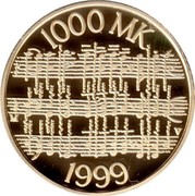 Finland 1000 Markkaa Jean Sibelius 1999 P-V-M Proof KM# 90 1000 MK V 1999 coin reverse Finland 1000 Markkaa Jean Sibelius 1999 P-V-M Proof KM# 90 1000 MK V 1999 coin reverse