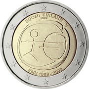 Finland 2 Euro 10 Years of EMU 2009 Proof KM# 144 SUOMI FINLAND 2009 EMU 1999 - 2009 coin obverse Finland 2 Euro 10 Years of EMU 2009 Proof KM# 144 SUOMI FINLAND 2009 EMU 1999 - 2009 coin obverse