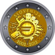 Slovenia 2 Euro 10 Years of Euro Banknotes and Coins 2012 Proof KM# 107 SLOVENIJA A.H. € 2002 2012 coin obverse Slovenia 2 Euro 10 Years of Euro Banknotes and Coins 2012 Proof KM# 107 SLOVENIJA A.H. € 2002 2012 coin obverse