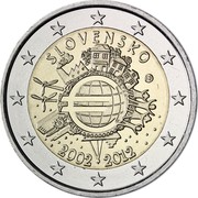 Slovakia 2 Euro 10 Years of Euro Banknotes and Coins 2012 KM# 120 SLOVENSKO A.H. € 2002 2012 coin obverse Slovakia 2 Euro 10 Years of Euro Banknotes and Coins 2012 KM# 120 SLOVENSKO A.H. € 2002 2012 coin obverse