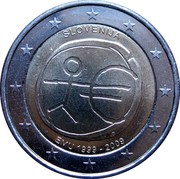 Slovenia 2 Euro 10th Anniversary of the European Monetary Union 2009 KM# 82 EMU 1999-2009 SLOVENJIA coin obverse Slovenia 2 Euro 10th Anniversary of the European Monetary Union 2009 KM# 82 EMU 1999-2009 SLOVENJIA coin obverse
