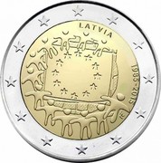 Latvia 2 Euro 30th Anniversary of the Flag of Europe 2015 KM# 172 LATVIJA 1985 - 2015 coin obverse