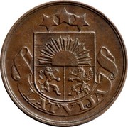 Latvia 2 Santimi First Republic Coinage 1922 Without mint name below ribbon KM# 2 LATVIJA coin obverse Latvia 2 Santimi First Republic Coinage 1922 Without mint name below ribbon KM# 2 LATVIJA coin obverse