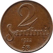 Latvia 2 Santimi First Republic Coinage 1922 Without mint name below ribbon KM# 2 2 SANTIMI YEAR coin reverse Latvia 2 Santimi First Republic Coinage 1922 Without mint name below ribbon KM# 2 2 SANTIMI YEAR coin reverse