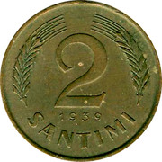 Latvia 2 Santimi 1939 Most were never placed in circulation KM# 11.2 First Republic (1918-1939) 2 SANTIMI 1939 coin reverse Latvia 2 Santimi 1939 Most were never placed in circulation KM# 11.2 First Republic (1918-1939) 2 SANTIMI 1939 coin reverse