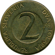 Slovenia 2 Tolarja 1993 KM# 5 Standart Coinage REPUBLIKA SLOVENIJA DVA TOLARJA 2 YEAR coin obverse Slovenia 2 Tolarja 1993 KM# 5 Standart Coinage REPUBLIKA SLOVENIJA DVA TOLARJA 2 YEAR coin obverse