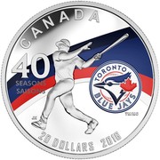 Canada 20 Dollars Toronto Blue Jays 2016 Proof KM# 2198 CANADA 40 SEASONS SAISONS 20 DOLLARS 2016 TM/MC TORONTO BLUE JAYS coin reverse Canada 20 Dollars Toronto Blue Jays 2016 Proof KM# 2198 CANADA 40 SEASONS SAISONS 20 DOLLARS 2016 TM/MC TORONTO BLUE JAYS coin reverse
