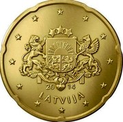Latvia 20 Euro Cent Greater Coat of Arms 2014 KM# 154 YEAR LATVIJA coin obverse Latvia 20 Euro Cent Greater Coat of Arms 2014 KM# 154 YEAR LATVIJA coin obverse