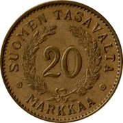 Finland 20 Markkaa Circulation Coin 1931 S KM# 32 SUOMEN TASAVALTA 20 MARKKAA coin reverse Finland 20 Markkaa Circulation Coin 1931 S KM# 32 SUOMEN TASAVALTA 20 MARKKAA coin reverse