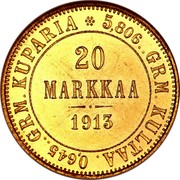 Finland 20 Markkaa Wide Eagle 1913 S KM# 9.2 FINLAND SUOMI coin reverse Finland 20 Markkaa Wide Eagle 1913 S KM# 9.2 FINLAND SUOMI coin reverse