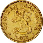 Finland 20 Pennia Rampant Lion 1980 K KM# 47 SUOMEN TASAVALTA DATE coin obverse Finland 20 Pennia Rampant Lion 1980 K KM# 47 SUOMEN TASAVALTA DATE coin obverse