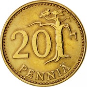 Finland 20 Pennia Rampant Lion 1980 K KM# 47 20 PENNIÄ coin reverse Finland 20 Pennia Rampant Lion 1980 K KM# 47 20 PENNIÄ coin reverse