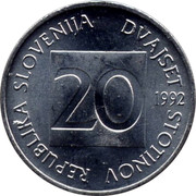 Slovenia 20 Stotinov 1992 Proof KM# 8 Standart Coinage REPUBLIKA SLOVENIJA DVAJSET STOTINOV 20 YEAR coin obverse Slovenia 20 Stotinov 1992 Proof KM# 8 Standart Coinage REPUBLIKA SLOVENIJA DVAJSET STOTINOV 20 YEAR coin obverse