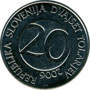 Slovenia 20 Tolarjev 2006 KM# 51 Standart Coinage REPUBLIKA SLOVENIJA DVAJSET TOLARJEV 20 YEAR coin obverse Slovenia 20 Tolarjev 2006 KM# 51 Standart Coinage REPUBLIKA SLOVENIJA DVAJSET TOLARJEV 20 YEAR coin obverse
