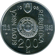 Slovakia 200 Korun 150th Anniversary - Slovak Revolt of 1848-1849 1998 KM# 43 SLOVENKÁ REPUBLIKA 200 SK 19 98 19.9 1848 coin obverse Slovakia 200 Korun 150th Anniversary - Slovak Revolt of 1848-1849 1998 KM# 43 SLOVENKÁ REPUBLIKA 200 SK 19 98 19.9 1848 coin obverse