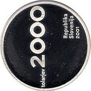 Slovenia 2000 Tolarjev Tolar Anniversary 2001 Proof KM# 43 TOLARJEV 2000 REPUBLIKA SLOVENIJA 2001 coin obverse Slovenia 2000 Tolarjev Tolar Anniversary 2001 Proof KM# 43 TOLARJEV 2000 REPUBLIKA SLOVENIJA 2001 coin obverse