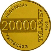 Slovenia 20000 Tolarjev FIFA World Cup 2002 2002 Proof KM# 47 REPUBLIKA SLOVENIJA 20000 TOLARJEV 2002 coin obverse Slovenia 20000 Tolarjev FIFA World Cup 2002 2002 Proof KM# 47 REPUBLIKA SLOVENIJA 20000 TOLARJEV 2002 coin obverse
