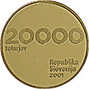 Slovenia 20000 Tolarjev Slovenia and the Tolar Anniversary 2001 Proof KM# 44 20000 TOLARJEV REPUBLIKA SLOVENIJA 2001 coin obverse Slovenia 20000 Tolarjev Slovenia and the Tolar Anniversary 2001 Proof KM# 44 20000 TOLARJEV REPUBLIKA SLOVENIJA 2001 coin obverse