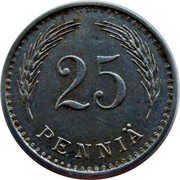 Finland 25 Pennia 1943 S KM# 25b Decimal Coinage 25 PENNIÄ coin reverse Finland 25 Pennia 1943 S KM# 25b Decimal Coinage 25 PENNIÄ coin reverse