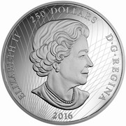 Canada 250 Dollars In the Eyes of the Spirit Bear 2016 Proof KM# 2262 ELIZABETH II 250 DOLLARS D G REGINA 2016 coin obverse Canada 250 Dollars In the Eyes of the Spirit Bear 2016 Proof KM# 2262 ELIZABETH II 250 DOLLARS D G REGINA 2016 coin obverse
