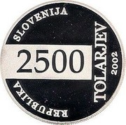 Slovenia 2500 Tolarjev FIFA World Cup 2002 2002 Proof KM# 46 REPUBLIKA SLOVENIJA 2500 TOLARJEV 2002 coin obverse Slovenia 2500 Tolarjev FIFA World Cup 2002 2002 Proof KM# 46 REPUBLIKA SLOVENIJA 2500 TOLARJEV 2002 coin obverse