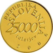 Slovenia 25000 Tolarjev Anton Tomaz Linhart 2006 Proof KM# 84 REPUBLIKA SLOVENIJA 25000 TOLARJEV 2006 coin obverse Slovenia 25000 Tolarjev Anton Tomaz Linhart 2006 Proof KM# 84 REPUBLIKA SLOVENIJA 25000 TOLARJEV 2006 coin obverse