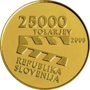Slovenia 25000 Tolarjev Slovenian Film Centennial 2005 Proof KM# 67 25000 TOLARJEV 2005 REPUBLIKA SLOVENIJA coin obverse Slovenia 25000 Tolarjev Slovenian Film Centennial 2005 Proof KM# 67 25000 TOLARJEV 2005 REPUBLIKA SLOVENIJA coin obverse