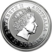 Australia 30 Dollars Australia 1999 Kookaburra 1999 THE AUSTRALIAN KOOKABURRA 1 KILO 999 SILVER • 1999 • P 100 coin obverse Australia 30 Dollars Australia 1999 Kookaburra 1999 THE AUSTRALIAN KOOKABURRA 1 KILO 999 SILVER • 1999 • P 100 coin obverse
