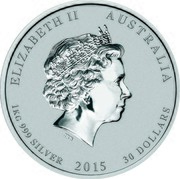 Australia 30 Dollars Year of the Goat - Gemstone Eyes 2015 P ELIZABETH II AUSTRALIA 1KG 999 SILVER 2015 30 DOLLARS coin obverse Australia 30 Dollars Year of the Goat - Gemstone Eyes 2015 P ELIZABETH II AUSTRALIA 1KG 999 SILVER 2015 30 DOLLARS coin obverse
