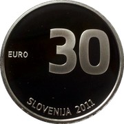 Slovenia 30 Euro 20th anniversary of Independence 2011 Proof KM# 102 EURO 30 SLOVENIJA 2011 coin obverse Slovenia 30 Euro 20th anniversary of Independence 2011 Proof KM# 102 EURO 30 SLOVENIJA 2011 coin obverse