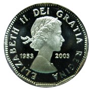 Canada 5 Cents 50th Anniversary of the Coronation of Queen Elizabeth II 1953-2003 Proof KM# 469 ELIZABETH II DEI GRATIA REGINA 1953 2003 coin obverse Canada 5 Cents 50th Anniversary of the Coronation of Queen Elizabeth II 1953-2003 Proof KM# 469 ELIZABETH II DEI GRATIA REGINA 1953 2003 coin obverse