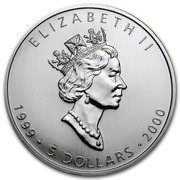 Canada 5 Dollars Maple Leaf 1999 Fireworks privy mark KM# 363 ELIZABETH II 1999 5 DOLLARS 2000 coin obverse Canada 5 Dollars Maple Leaf 1999 Fireworks privy mark KM# 363 ELIZABETH II 1999 5 DOLLARS 2000 coin obverse