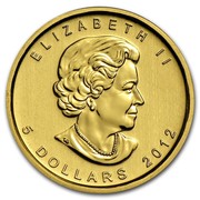 Canada 5 Dollars Maple Leaf 2012 KM# 929 ELIZABETH II 5 DOLLARS coin obverse Canada 5 Dollars Maple Leaf 2012 KM# 929 ELIZABETH II 5 DOLLARS coin obverse